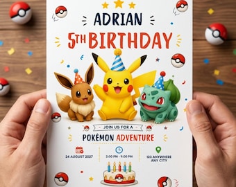 Bearbeitbare Pokemon-Geburtstagseinladung, Pikachu Party einladen, bearbeitbare Pokemon-Geburtstagskarte, digitaler Download, Canva-Vorlage