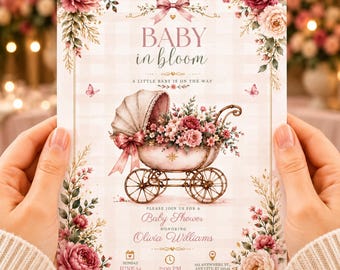 Editable Baby in Bloom Baby Shower Invitation, Floral Girl Shower Invite, Pink Floral Baby Shower, Vintage Pram Invitation, Canva Template