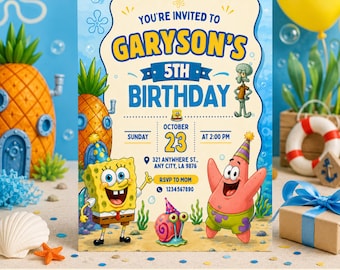 Bearbeitbare Schwamm Geburtstagseinladungsvorlage - Unter dem Meer Kinder Party einladen - Cartoon Party Vorlage - Kinder Party einladen - Canva Vorlage