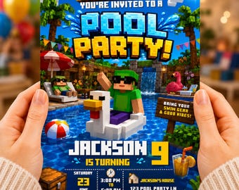 Pixel Block Pool Party Invitation | Pool Party Chicken Jockey Birthday Invitation | Editable Pixel Craft Gaming Invitation | Canva Template