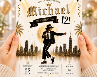 Convite para festa de aniversário do Michael Jackson | Modelo para festa de estrela pop | Aniversário do Michael Jackson | Tema de aniversário do MJ | Modelo do Canva