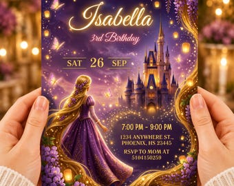 Editable Tangled Rapunzel Birthday Invitation, Princess Birthday Party, Princess Party Girl Rapunzel Template 3rd 4th  5th 6th 7th Birthday