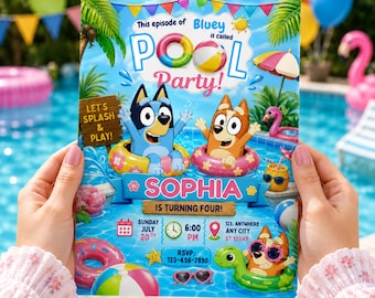 Bearbeitbare Bluey Pool-Party-Geburtstags-Einladung, Bluey-Geburtstags-Einladung, Einladung zur Sommer-Geburtstags-Party, Einladung zur Pool-Party, Canva