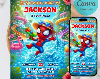 Editable Spidey Pool Party Invitation, pool party invitation, Spidey and His Amazing Friends, Instant Download, Canva Template,