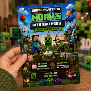 May include: A colorful birthday party invitation featuring Minecraft characters and the text "Noah's 10th Birthday." The invitation includes event details like date, time, and RSVP information, with a Minecraft-themed design.