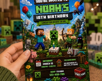 Pixel Block Birthday Invitation | Adventure Party Invite | Kids Canva Template (Digital Download)