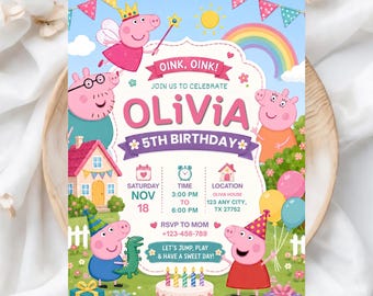 Bearbeitbare Peppa Wutz-Geburtstagsfeier-Einladungsvorlage - Kindergeburtstagsfeier einladen - Personalisierte Canva-Vorlage - Druckbarer digitaler Download
