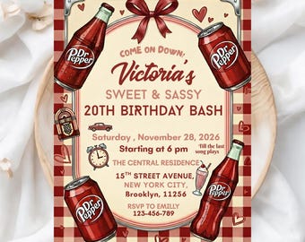 Dr Pepper Soda Geburtstagseinladung | Dr Pepper Einladung | Sweet & Sassy 20th Birthday Bash (Digitales Template)