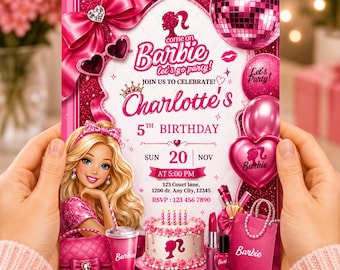 Bearbeitbare Modepuppen-Geburtstagseinladung, rosa Glitzer-Party einladen, rosa Puppe-Geburtstagseinladung, digitaler Download, Canva-Vorlage