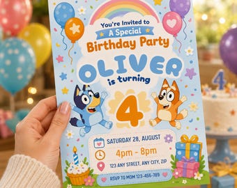 ブルーの編集可能な誕生日招待状 デジタル誕生日パーティー招待状 デジタル誕生日パーティー招待状 ブルードッグ 男の子 女の子 インスタントダウンロードテンプレート