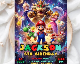 Mario Galaxy Birthday Invitation | Outer Space Birthday Party Invite | Boys Gaming Card | Canva Template | Instant Download (5x7 inches)