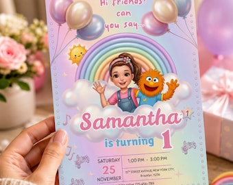 Ms Rachel druckbare Einladung | Bearbeitbare Geburtstagsfeier-Einladungsvorlage für Kinder | Rosa Design | 1. Geburtstagseinladung | Canva Vorlage