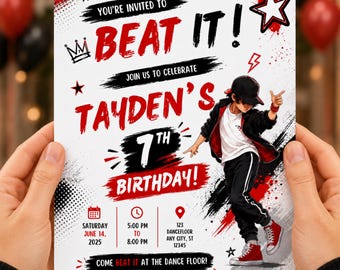 Michael Jackson Beat It Geburtstagsparty einladen | Pop Star Party Vorlage | Michael Jackson Geburtstagskind | Canva Vorlage | Digitaler Download