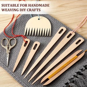 May include: A set of light-coloured wooden weaving tools including a semi-circular comb, four needles with eyelets, and a shuttle with yellow yarn. A pair of silver-toned scissors is included. Text reads: SUITABLE FOR HANDMADE WEAVING DIY CRAFTS.