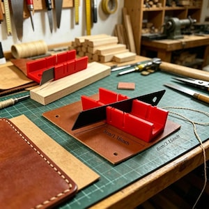 Puede incluir: Una herramienta de caja de ingletes de plástico rojo con una hoja de metal negro colocada sobre un cuadrado de cuero marrón. La herramienta cuenta con ranuras para cortes angulares e incluye texto impreso con medidas de 3cm y 8cm.