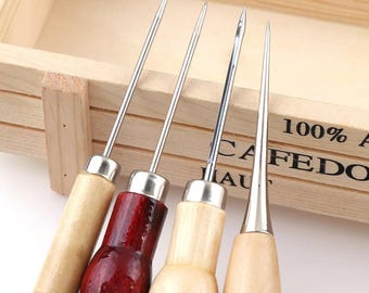 4PC Leather Sewing Awl Set | Wood Handle Stitching Punch Needles | Canvas Shoe Repair & Leathercraft Tool Kit