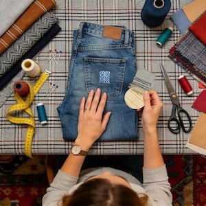 May include: A pair of blue denim jeans with a small blue and white patterned patch on the back pocket, held alongside a wooden darning loom, yellow measuring tape, sewing scissors, and various spools of thread on a plaid fabric surface.