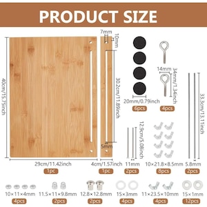 May include: A bamboo board and support strip with hardware including four black circular pads, two metal hooks, eight wing nuts, two long rods, and various screws, washers, and nuts. Dimensions are labeled in inches, such as 15.75 inches by 11.42 inches.