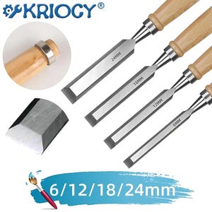 May include: A set of four wood chisels with light wood handles and metal ferrules, featuring blade widths of 6mm, 12mm, 18mm, and 24mm. The image includes a close-up of a handle end, a single chisel tip, the brand name KRIOGY, and the text 6/12/18/24mm.