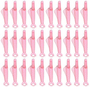 May include: A collection of thirty identical light pink plastic clips, each featuring a textured diamond pattern on the body and a small loop at the base. These functional clips are arranged in three horizontal rows of ten, all facing left.