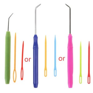 May include: A set of three craft tools with bent metal tips and plastic handles in green, blue, and pink, accompanied by six small plastic needles in yellow, red, and blue, with the word or printed in red between the tool groupings.