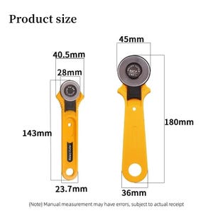 May include: Two yellow rotary cutters with black circular blades. The smaller cutter is 143mm long and 23.7mm wide, with a 28mm blade. The larger cutter is 180mm long and 36mm wide, with a 45mm blade. Text includes Product size and Rotary Cutter.