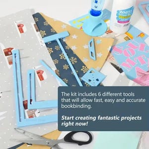 May include: A bookbinding kit featuring six light blue plastic tools, including L-shaped guides and a glue stand, alongside a bottle of white school glue and metal scissors. The kit includes 6 different tools that will allow fast, easy and accurate bookbinding. Start creating fantastic projects right now!