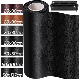 May include: A roll of black faux leather fabric with a textured grain surface. The image displays various available sizes including 20x30cm, 50x50cm, 50x100cm, and 50x137cm, alongside a small graphic of a black sofa to demonstrate the material application.