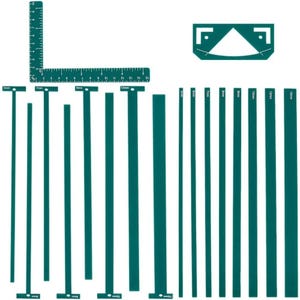 Könnte beinhalten: Ein Set aus dunkelgrünen Bastelwerkzeugen, bestehend aus einem L-förmigen Lineal mit Markierungen bis 15 cm, einer dreieckigen Eckführung und verschiedenen geraden Streifen unterschiedlicher Breite, beschriftet von 5 mm bis 15 mm.