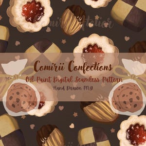 May include: An oil paint digital seamless pattern featuring various cookies. The cookies include jam-filled, chocolate-dipped, and checkerboard designs. The pattern also includes cookies in a clear bag and the text "Comirii Confections".