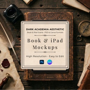 Pode incluir: Um modelo de maquete digital apresentando uma placa quadrada na cor creme com o texto DARK ACADEMIA AESTHETIC Book & iPad Scene PSD & Canva Formats Book & iPad Mockups High Resolution Easy to Edit com ícones do Photoshop e Canva.