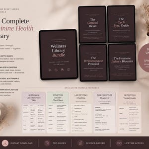 Puede incluir: Un paquete digital de biblioteca de salud femenina con guías sobre restablecimiento de cortisol, sincronización del ciclo, protocolo de perimenopausia y equilibrio hormonal. Incluye recursos adicionales. Con acceso de por vida.