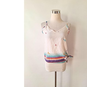 80s vintage tropical print tank top blouse, size small medium, colorful rayon floral palm leaf print strappy shirt, 1980s boho hippie top