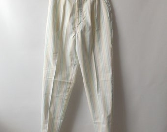 vintage 80s pastel rainbow striped lady&#39;s trousers, size 10/11, high waist pleated cotton stripe pants, 1980s preppy women&#39;s casual fashion