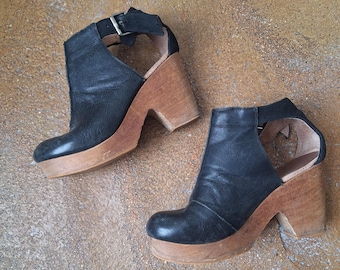 Vintage Black Leather Platform Clogs, Wooden Heel, Size 38