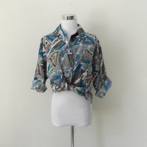 Vintage 80er Jahre Bluse in neutralem Ton - m / l - Button Down Oxford - Braun Blauer Farbspritzer - 80er Jahre Hipster Retro Damen Baumwollhemd