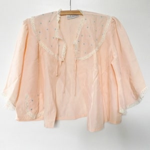vintage 50s lace rayon blouse - size medium M - pink cropped flowy blouse - blue polka dot cop tops - 1950s preppy pin up rockabilly ladies