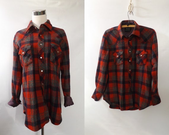 80s western plaid flannel shirt, large 16 - 16.5,… - image 1