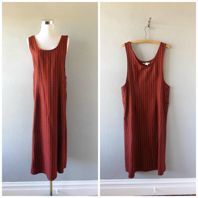 red check pinafore dress