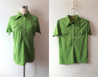 Vintage 60er Jahre Lime Green Oxford Hemd, Herren Gr. M, halb durchgeknöpfter Schmetterlingskragen Pullover Poloshirt, Mid Century Unisex Mode