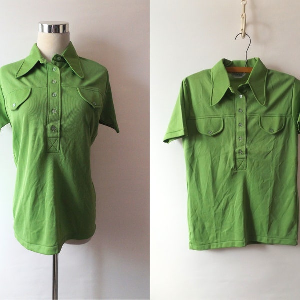 vintage 60s lime green oxford shirt, men's size medium M, half button-down butterfly collar pullover polo, 1960s midcentury unisex fashion