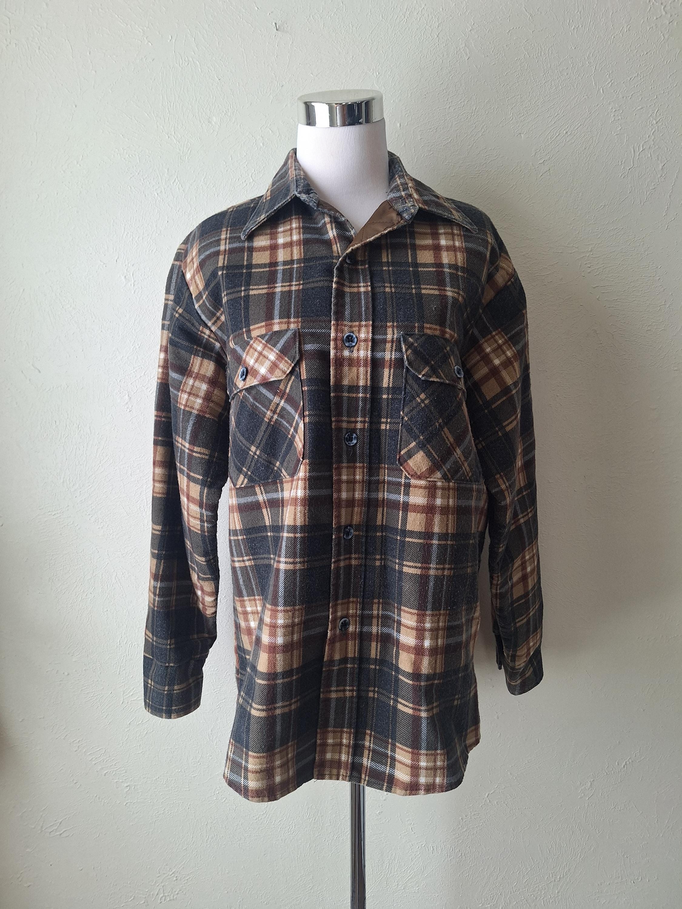vintage 70s layering flannel shaket button down, men's size medium M, boxy fit lumberjacket casual grunge shirt, 1970s quilted unisex oxford