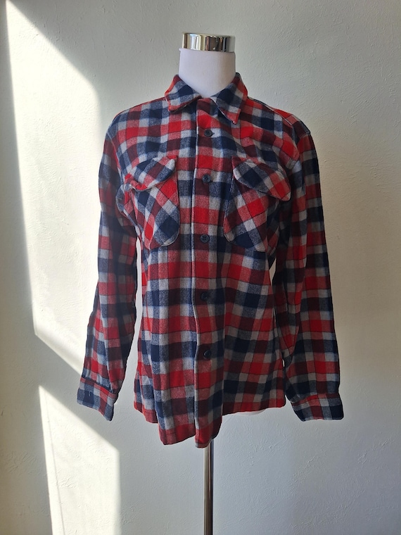 Vintage 50s Pendleton Wool Flannel Shirt, Red Blu… - image 1