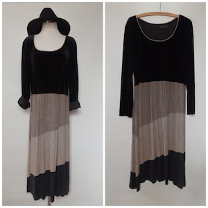 vintage 90s grunge maxi dress - size large - black brown plaid empire waist long dress - vtg 1990s hippie boho crinkle rayon dress - minimal