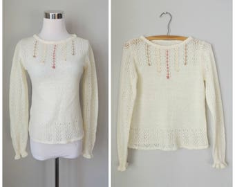 beige pointelle sweater blouse - vintage 70s cutout woven ribbon pullover - size s / small - hippie boho semi sheer shirt - 1970s hipster