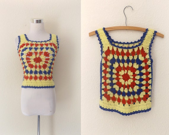 60s handknit sweater tank top blouse - size xs ex… - image 1