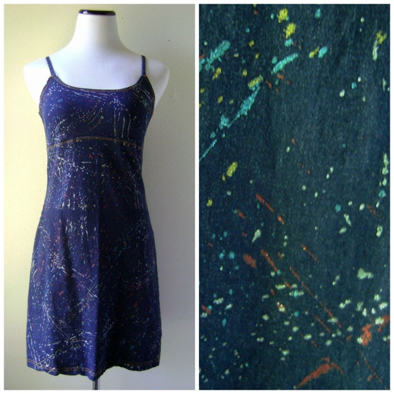 Y2K 90s denim mini dress / vintage paint splash s… - image 1