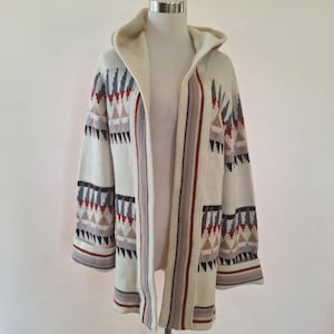 vintage 70s hooded long sweater jacket, women&#39;s size small medium, oversize mid-thigh length, open front knit hoodie coat, 1970s boho hippie
