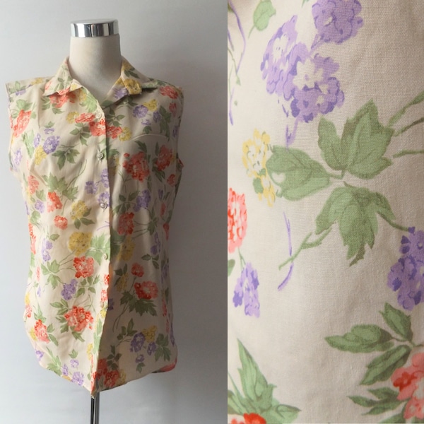 vintage 60s romantic flower print lady's oxford blouse, size 34 medium large, pastel floral button up sleeveless top, 1960s preppy boho