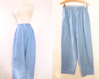 vintage 80s light blue high waist cotton trousers, size small medium, light weight high waisted lady's casual cotton pants, 1980s minimal
